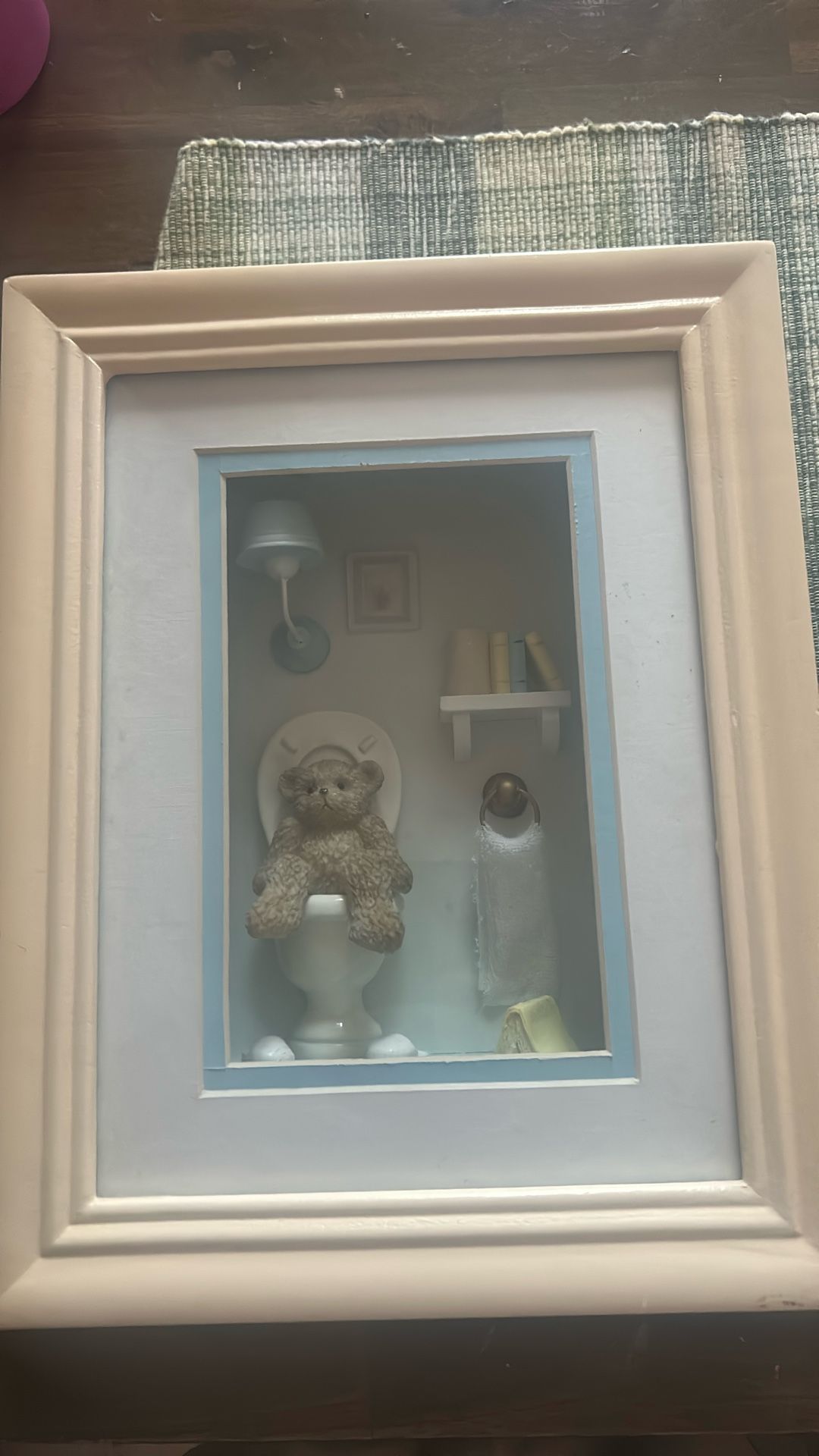 framed 3D miniature shadow box featuring a teddy bear in a bathtub