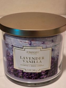 NEW ~ INTERIORS BY DESIGN ~ LAVENDER VANILLA SCENTED 3-WICK 13 oz. CANDLE