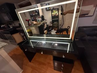 Black Vanity Desk with LED Lighted Mirror with Bluetooth speaker