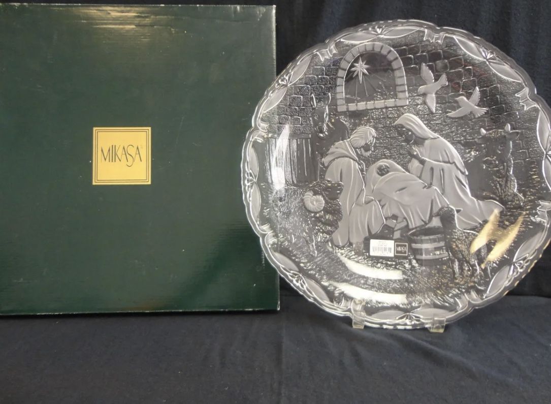MIKASA Crystal 15 1/2" Nativity Scene Plaque, Glass Platter NIB