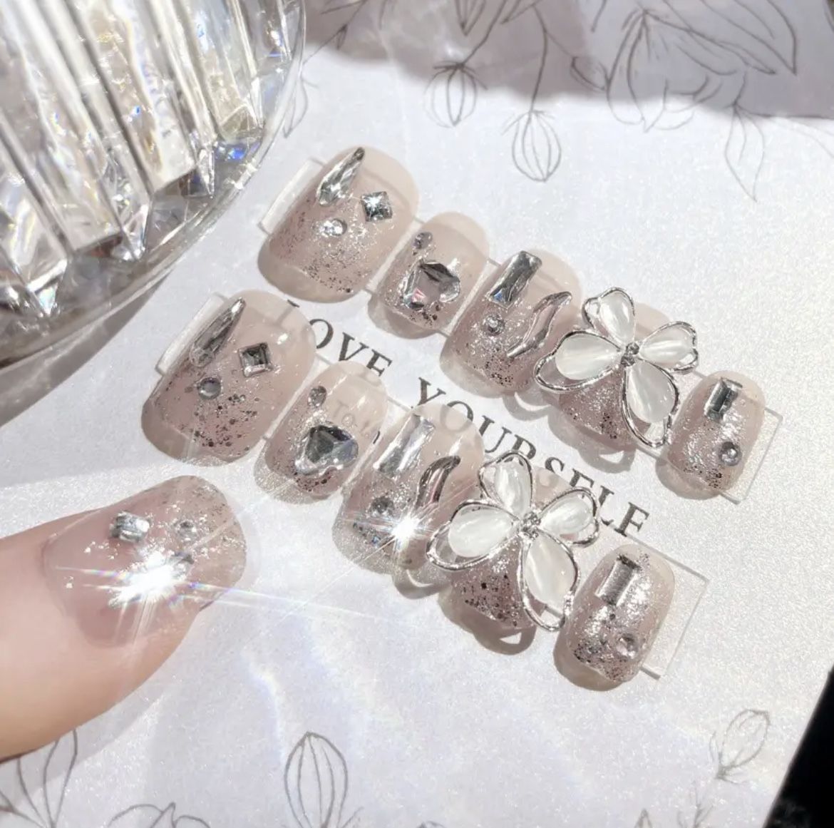 New 24pc HQ Short square Butterfly Crystal Press On Nails