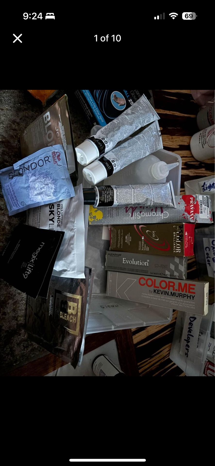 Hair dye and supplies - unopened / unused. Various brands, colors, and types.