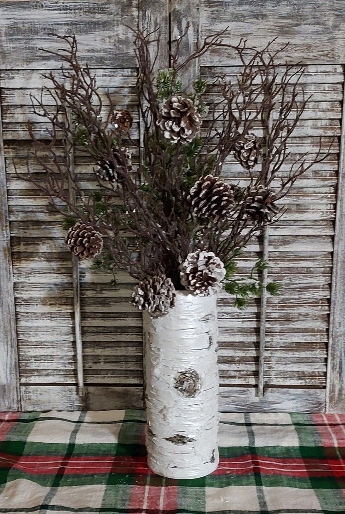 Ht-24in Width-16in HANDMADE Artificial Birchbark Vase-sticks/Pinecones/greenery 