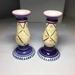 Set Of Two Hand Painted Ceramic Cottage Style Candlestick Holders