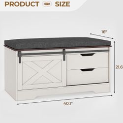  Storage Bench with Cushion, Shoe Rack with Slide Barn Doors, Adjustable Shelf and 2 Drawer for Entry, Bedroom, Closet, Living Room, Hallway (White Br