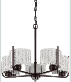 Wet Rated Outdoor Chandelier, 5-Light, Gray Woven Shades, 26 Inch Aged Pewter Frame, Opal Glass Diffusers, Plug-In or Hardwired, 15 Ft Cord, 5 Ft Chai