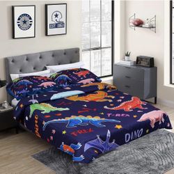 3pc Cartoon Dinosaur Comforter Set with 2 Pillow Cases for Kids Boys，3D Dark Blue Kids Dinosaur Comforter Set Twin for Boys Teens