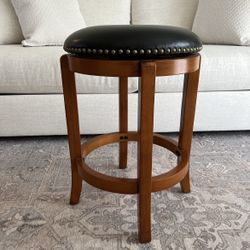 Backless Swivel Counter Stools – Set of 3 – Wood & Black Leather