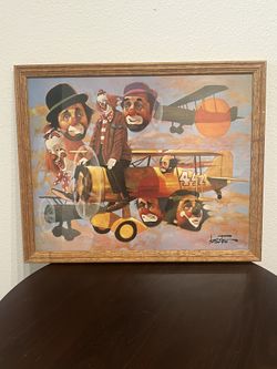 Chuck Oberstein Vintage Clown Painting Print Framed 7 Clowns Plane 442 Wall Art Decor MOVING SALE