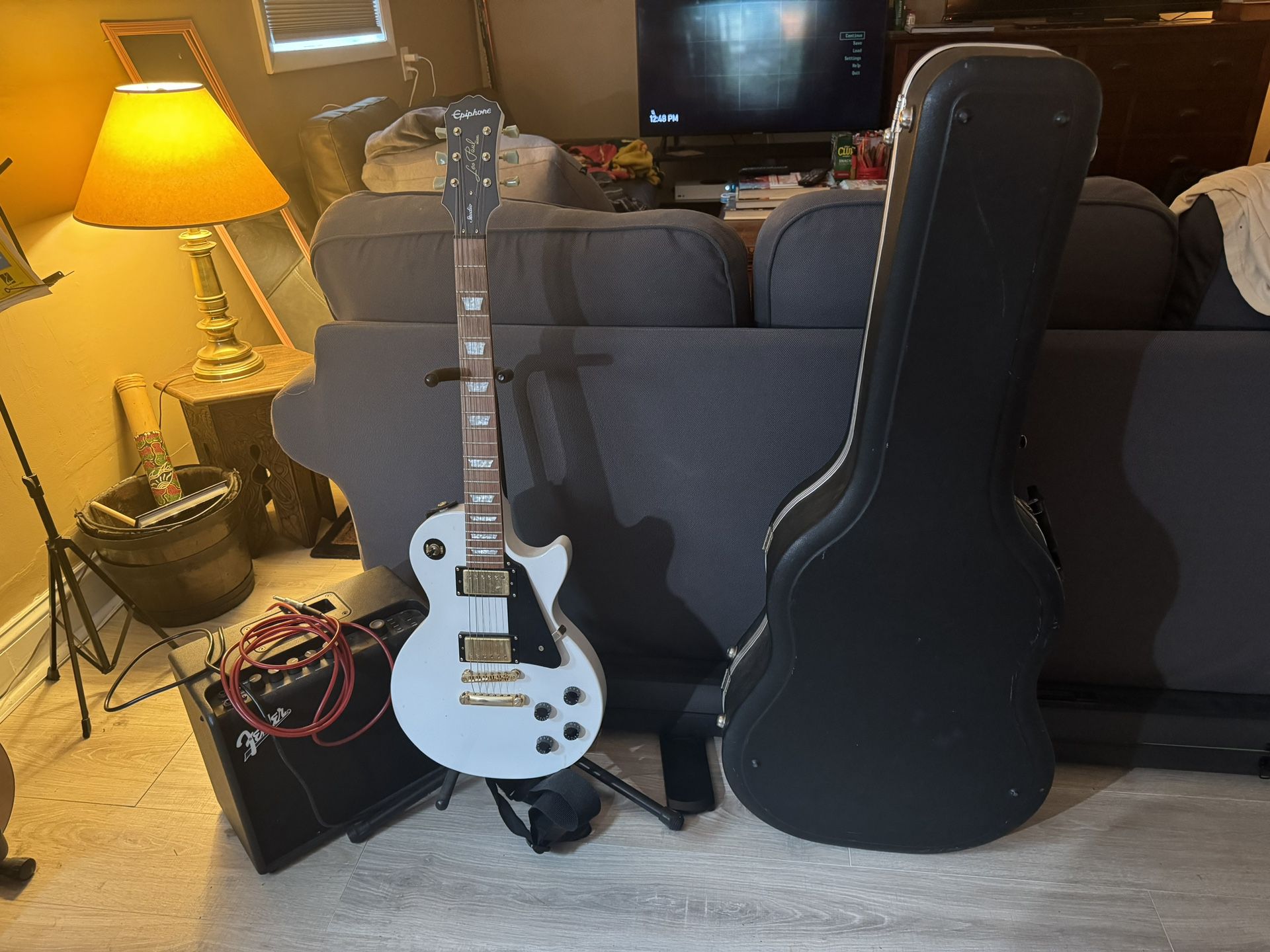 Guitar, Amp, Case, and Stand