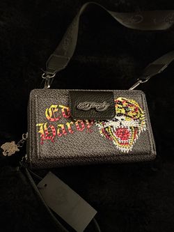 Ed Hardy Black Crossbody Bag with Yellow and Reo Embellished Tiger
