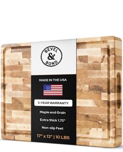 Tabla de cortar de grano final de arce (fabricada en Estados Unidos) 17 x Bloque de carnicero grueso y pesado, ranura para jugos, pies antideslizantes