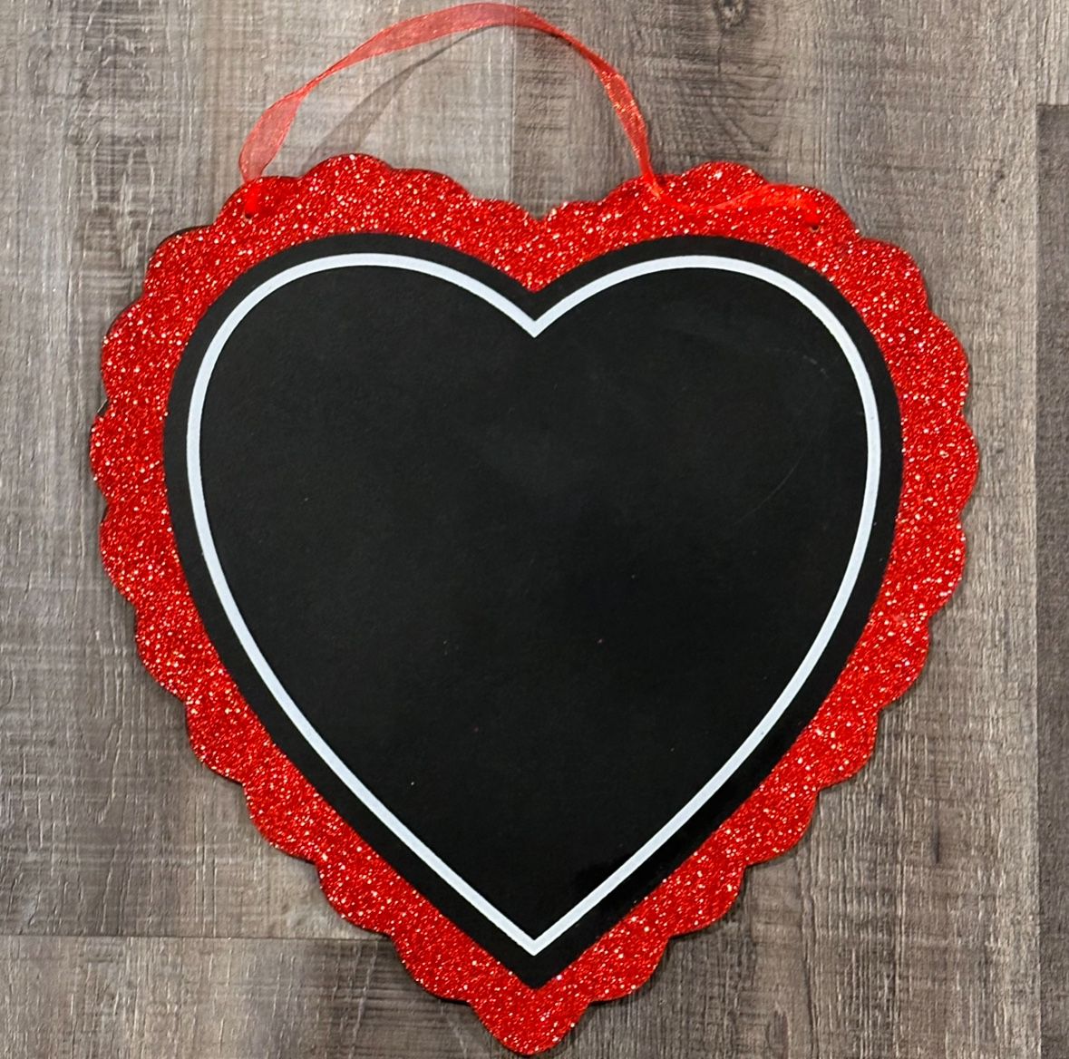 Hanging Heart-Shaped Chalkboard With Glitter Trim