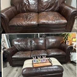 Real Brown Leather Couches Set Love Seat Foot Rest 90805 80$