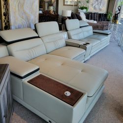 Modern Top Grain Leather Grey Sectional