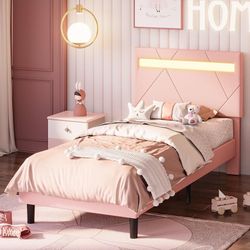 Twin Bed Frame with LED Lights(Smart APP Control), Upholstered Modern Platform Bed Frame, No Box Spring Needed/Noise-Free/Easy Assembly, Pink