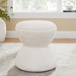 White Multi-Functional Boucle Ottoman, Vanity Stool Chair, Sturdy Rotating Wooden Footstool