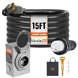 523#50 Amp Generator Cord and Power Inlet Box Kit, 15FT, NEMA 14-50P/SS2-50R STW 6/3+8/1 AWG Generator Power Cord with Twist Lock Connector, Pre-Drill