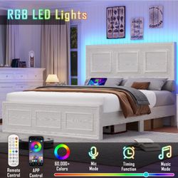 Modern White Queen Size Bed Frame with RGB LED Lights, Storage Headboard & Remote Control