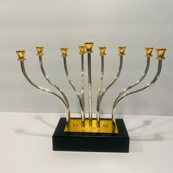 Vintage Modern Design Menorah By Karahi 24K Gold & Silver Plated made in Israel Judaica Collectable candle holders. 