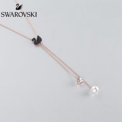 Swarovski Iconic Swan Y Necklace Black & Rose Gold Tone Plated