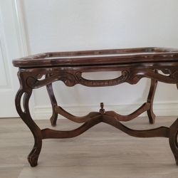 Antique Rectangular Carved Wood Coffee Table With Removable Glass Top