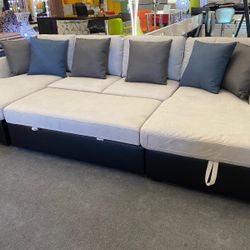 Beige and Black Sectional Sofa w/Sleeper