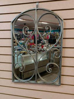 Vintage Arched Metal Scroll Wall Mirror Decorative Silver Iron Accent Piece