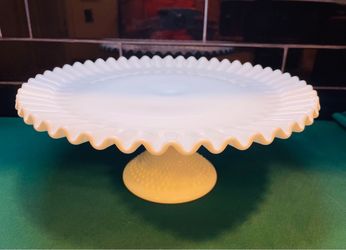 Vintage Fenton hobnail milk glass large cake stand with ruffled edges