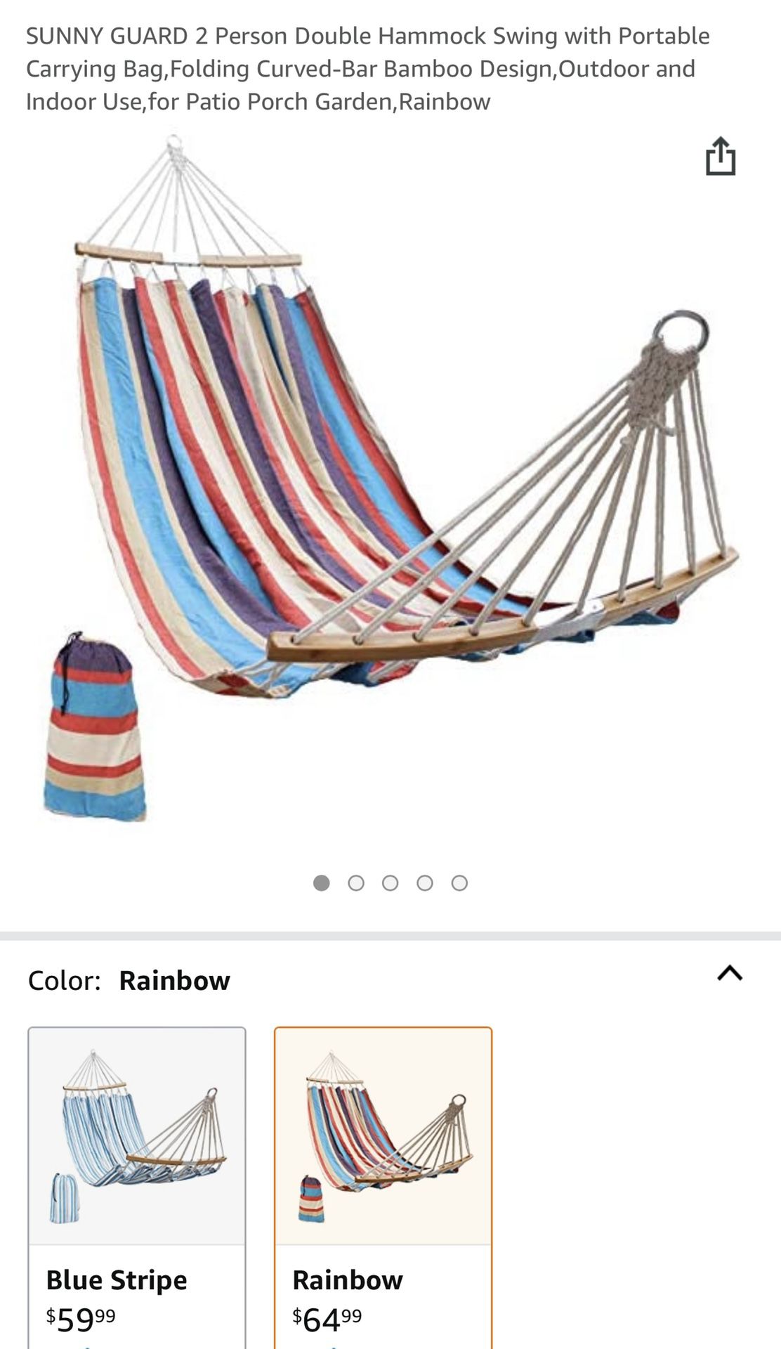 2 Person Double Hammock Swing w/Portable Carrying Bag-Folding Curved/Bar Bamboo Design-Outdoor & Indoor for Patio/Porch/Garden-Rainbow OR Blue Stripe 