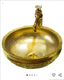 0102: NEW Gold Vessel Sink Round Bowl for Bathroom Countertop Ceramic Wash Basin with Hand Carved Dragon Pattern, L16.4"W16.4