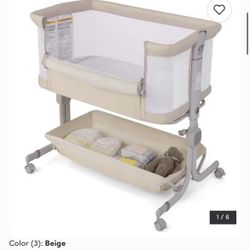 Bedside Crib w/ Adjustable Height Bassinet w/ Storage Shelf & Wheels - Beige