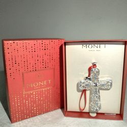Monet 2024 Sparkle Rhinestone Silver Cross Christmas  Ornament NIB