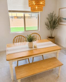 Solid Wood Dining Table Set with Bench & Chairs