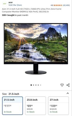 NOT FREE open To Offers LIKE NEW Acer 21.5 Inch Full HD (1920 x 108O) IPS Ultra-Thin Zero Frame Computer Monitor (HDMI & VGA Port), SB220Qbi