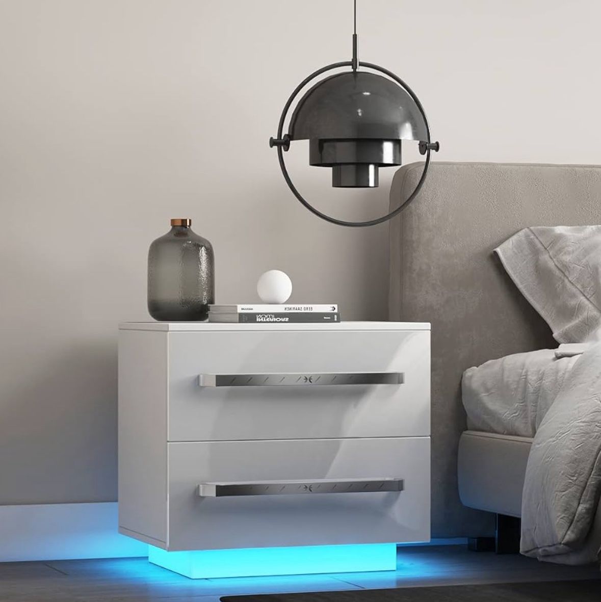 Nightstand, High Gloss LED Nightstand, Modern 2 Drawer Night Stand Storage Shelf Bedside End Table Cabinet Bedroom Living Room (White)
