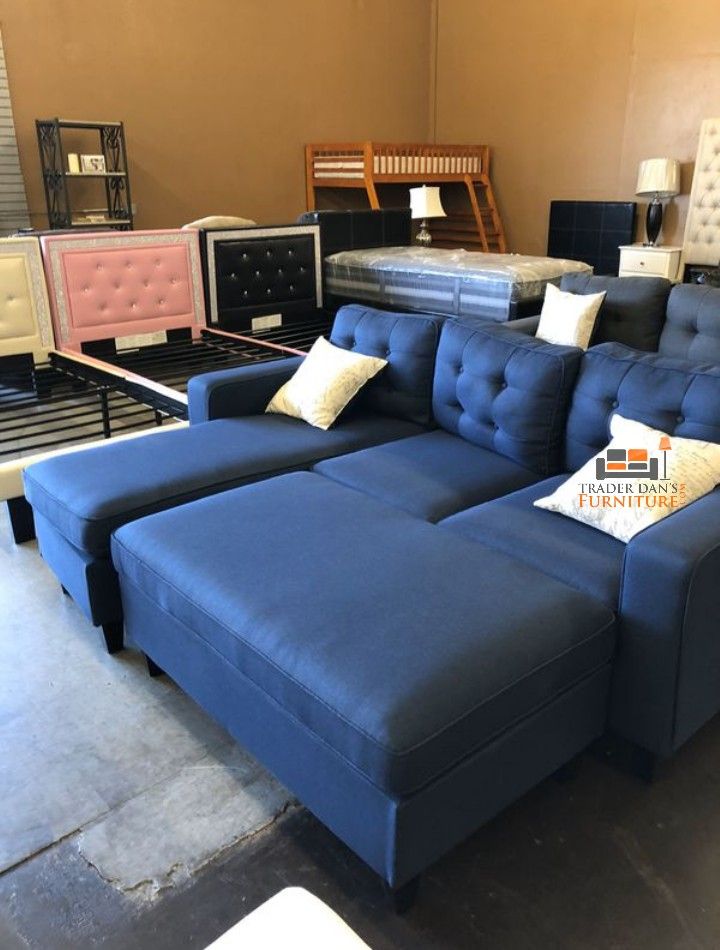 Brand New Blue Linen Sectional Sofa Couch +Ottoman (Black Available) 