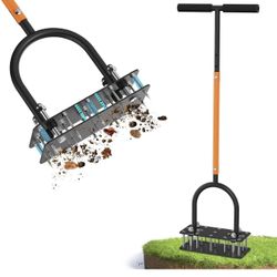 Lawn Aerator & Aerator Lawn Tool - Manual Yard Aerator, Automatic Dirt and Leaf Clean Design, Adjustable T-Handle, Pre-Assembled Lawn Aerator Tools