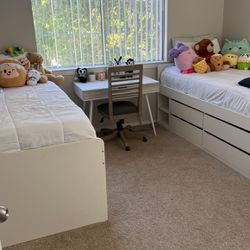 Two Twin Storage Beds With Mattresses Plus Desk