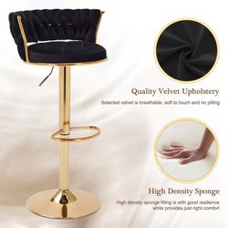 Set of 4 Velvet Bar Stools, Modern Swivel Adjustable Counter Height Kitchen Bar Chairs with Woven Back, for Dining Room Pub Island, Black