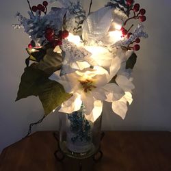 Christmas White and Silver with a Splash of Red Poinsettia Lighted Christmas Arrangement 