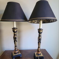 Pair Vintage Mid Century Black & White Lion Head Table Lamps 