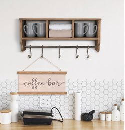  Coffee Bar Shelf With Baskets And Hooks, Wall Mounted Storage Hanging Coat Rack Shelf For Entrance, Bathroom, Living Room And Kitchen