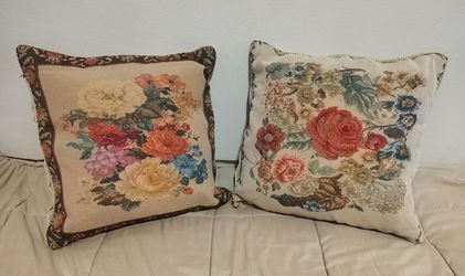 Pair of 18x18 Floral Tapestry Throw Pillows - Cottagecore - Gold Trim