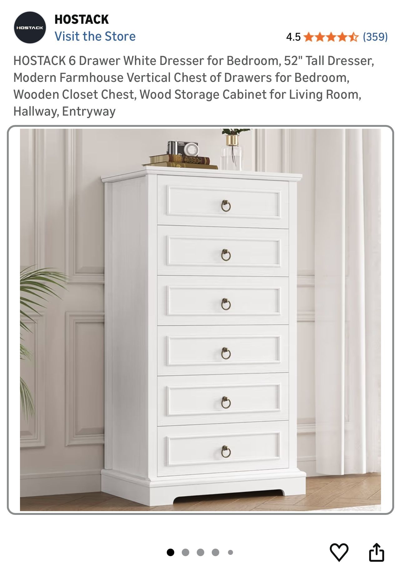 HOSTACK 6-Drawer White Tall Dresser – 52” Modern Farmhouse Storage Cabinet
