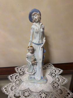 Vintage Porcelain Figurine – Elegant Mother & Daughter with Teddy Bear