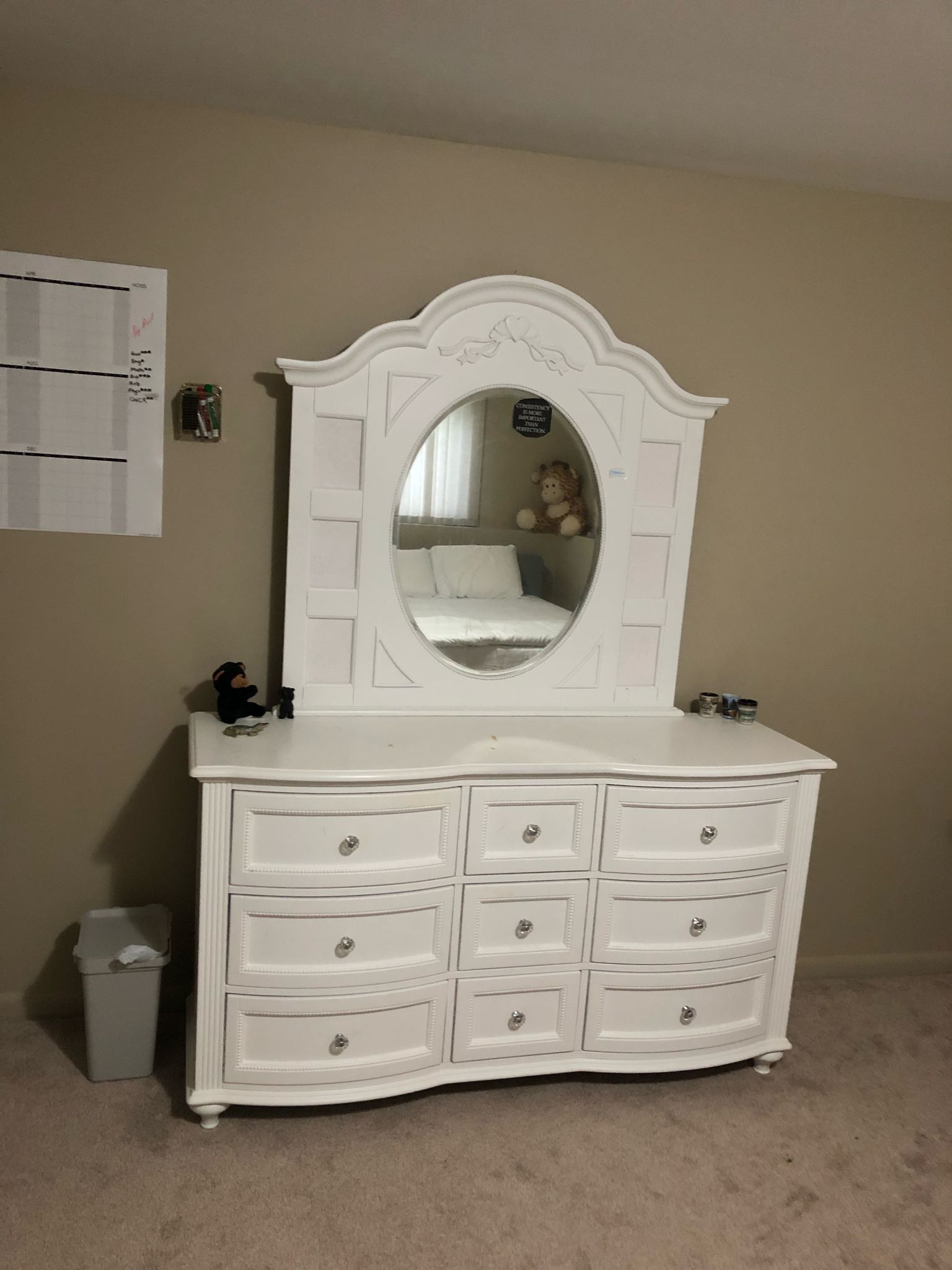 White Dresser with Mirror – $200 – Small Crack on Mirror