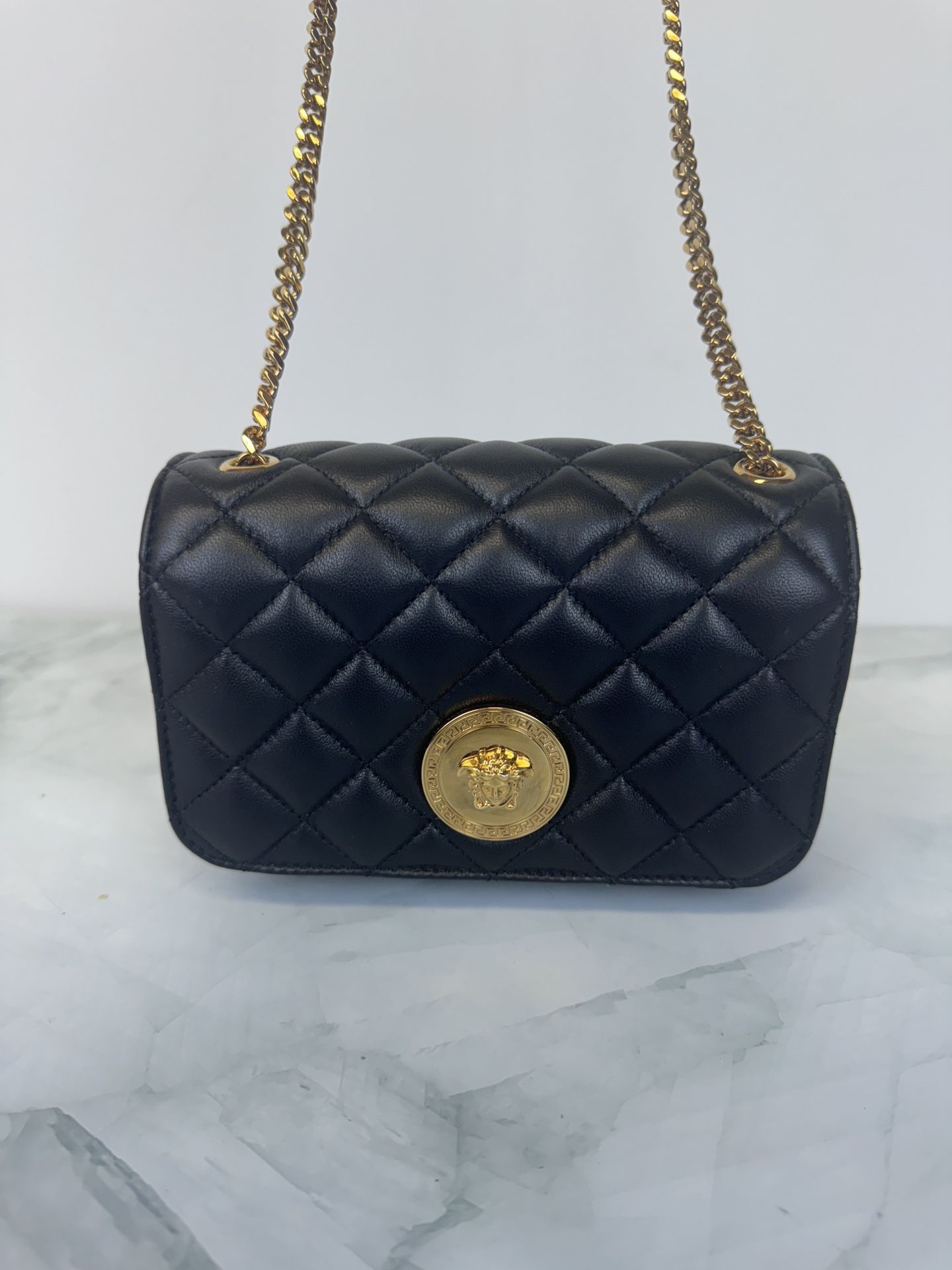 Versace Quilted Medusa Head Small Black Leather Crossbody Bag 