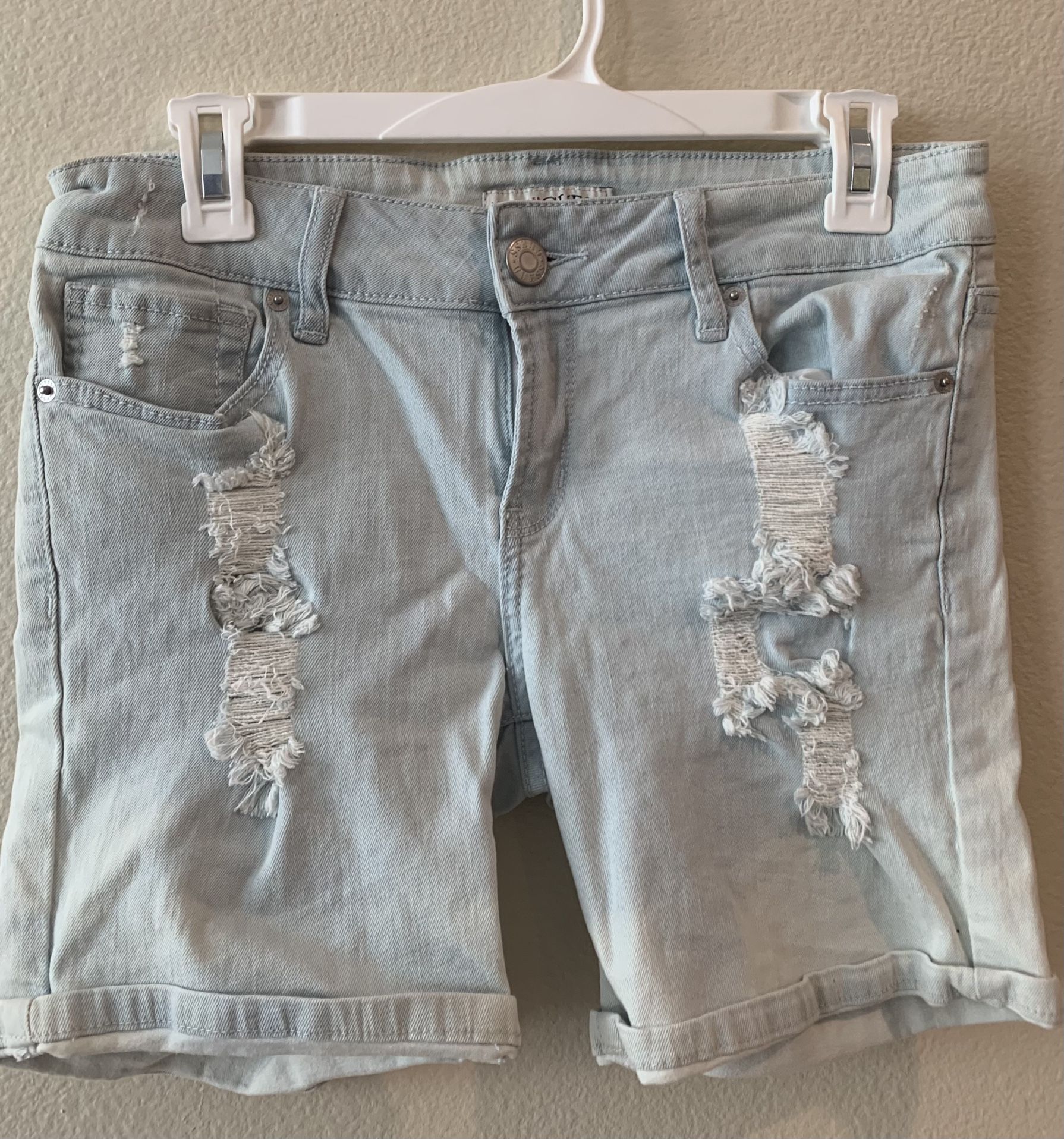 GUESS Women's Mid-Rise Stretchy Ripped Denim Shorts – Blue color size 28