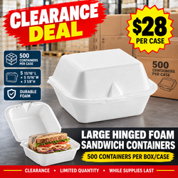 Brand New Clearance Large Hinged Foam Sandwich Containers – 500/Case – $28